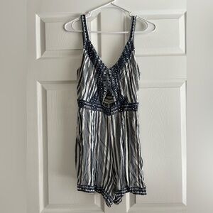 American Eagle Blue & White Boho Striped Embellished Sleeveless Romper Large